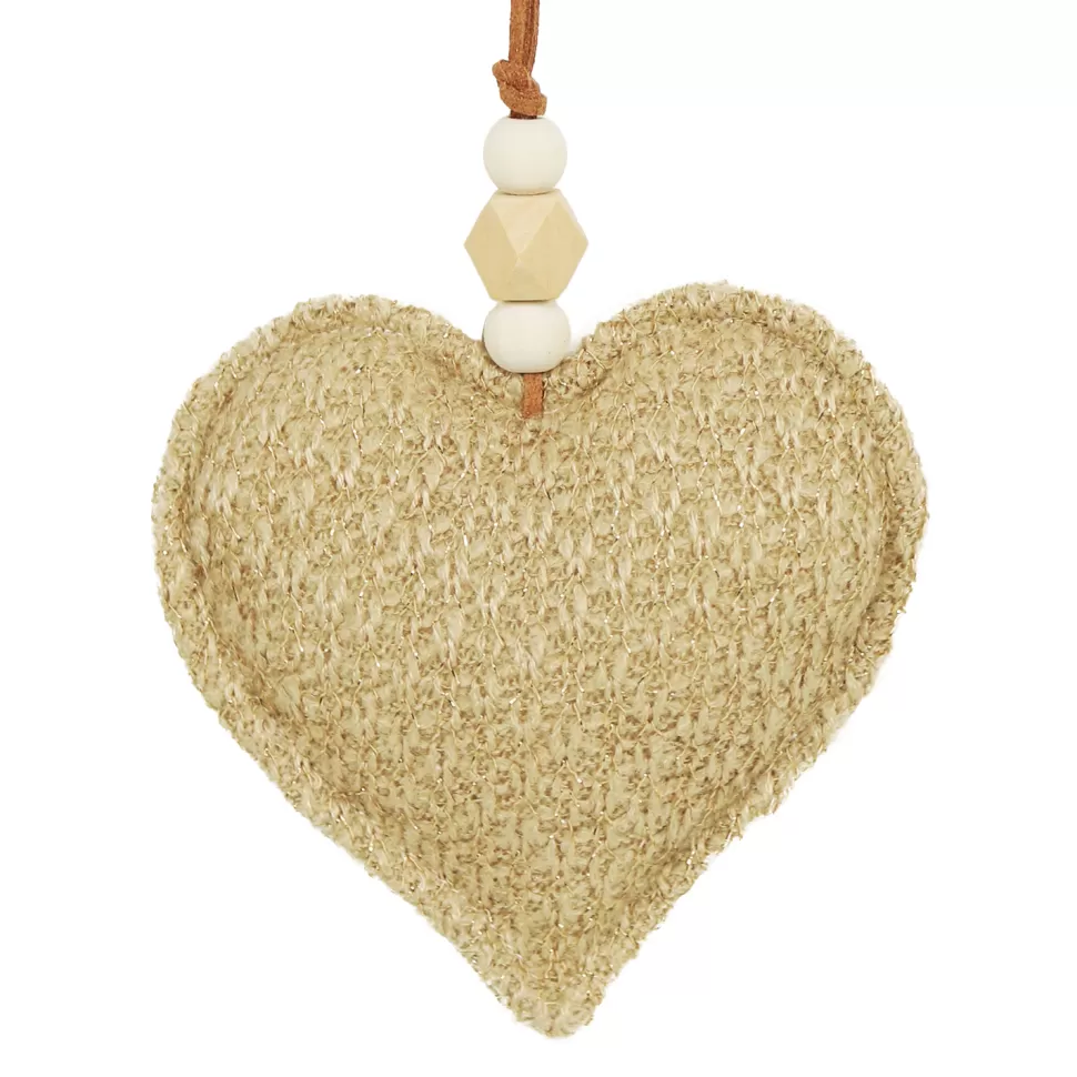 Christmas Forever ORN FABRIC HEART4.5″ BROWN/NATURAL W/ BEADS