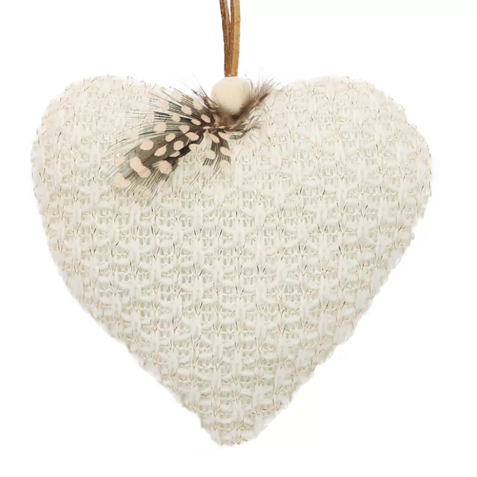 Christmas Forever ORN FABRIC HEART 4.5″ CREAM/GOLD W/ FEATHER