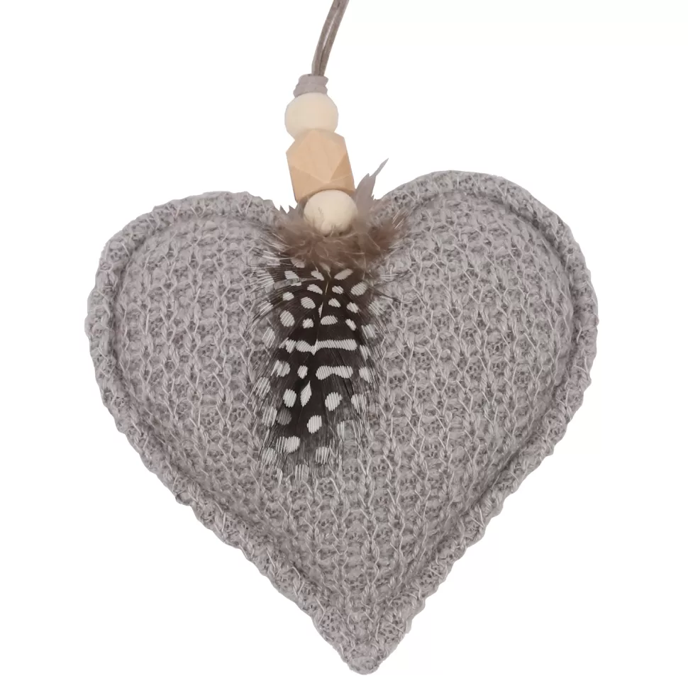 Christmas Forever ORN FABRIC HEART 4.5″ GRAY W/ FEATHER