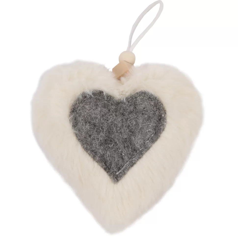 Christmas Forever ORN FABRIC HEART 4.5″ IVORY FUR W/ GRAY HEART