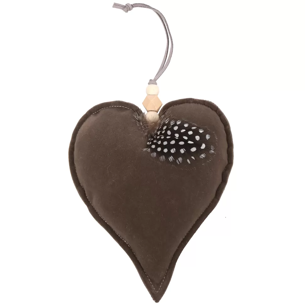 Christmas Forever ORN FABRIC HEART 6″ BROWN W/ FEATHER