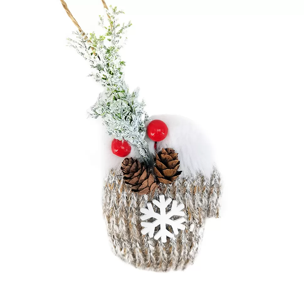 Christmas Forever ORN FABRIC MITTEN 4″ GRAY KNIT FABRIC W/SNOWFLAKE, PINE & BERRY
