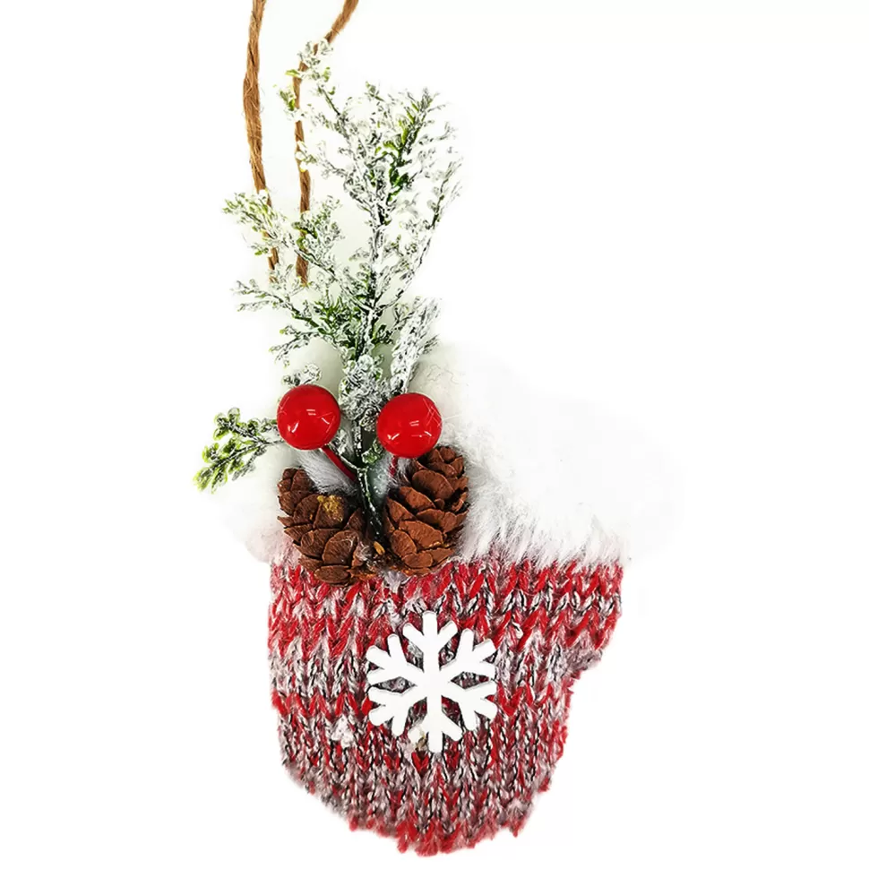 Christmas Forever ORN FABRIC MITTEN 4″ RED KNIT FABRIC W/SNOWFLAKE, PINE & BERRY