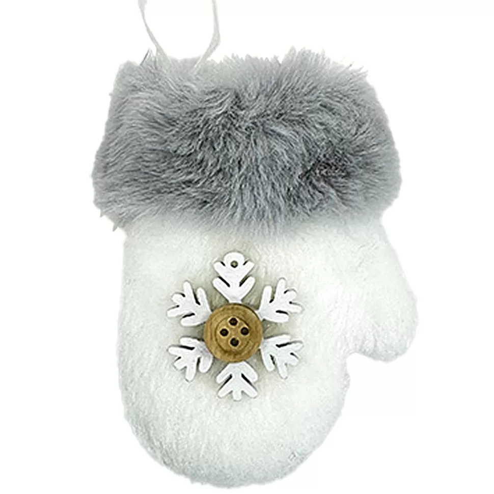 Christmas Forever ORN FABRIC MITTEN FAUX FUR WHITE 4″ W/ SNOWFLAKE