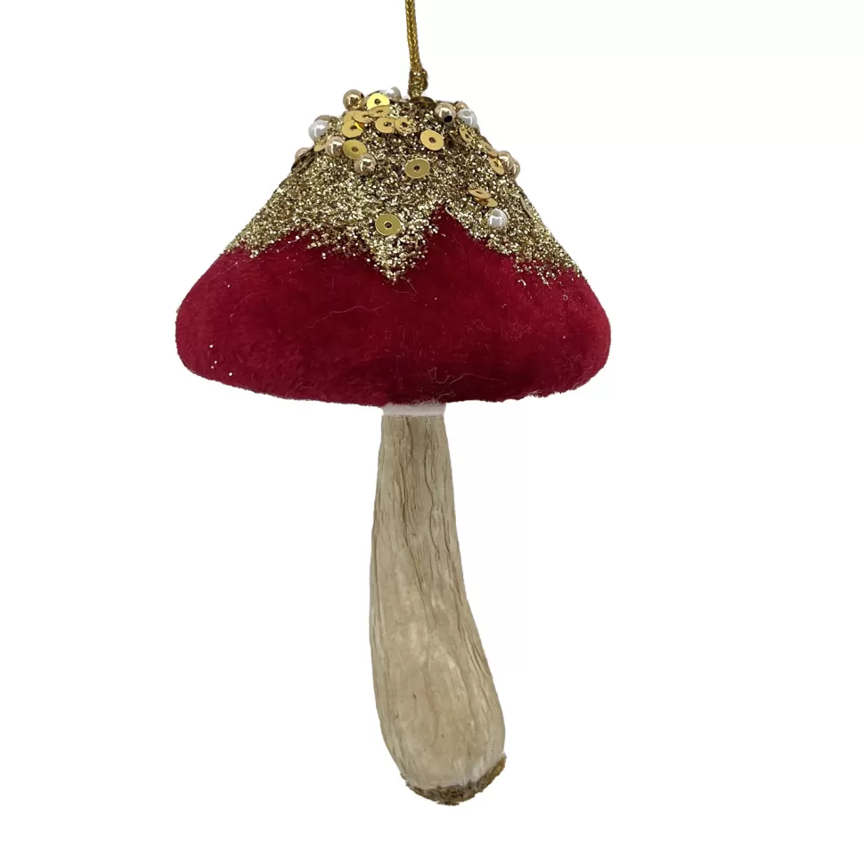Christmas Forever ORN FABRIC MUSHROOM VELVET CAP RED 5.5″ W/ GLITTER, SEQUINS & BEADS