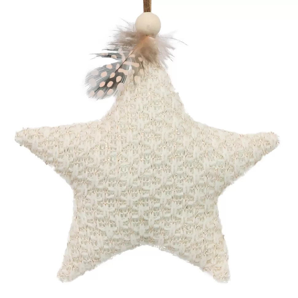 Christmas Forever ORN FABRIC STAR 4.5″ CREAM/GOLD W/ FEATHER