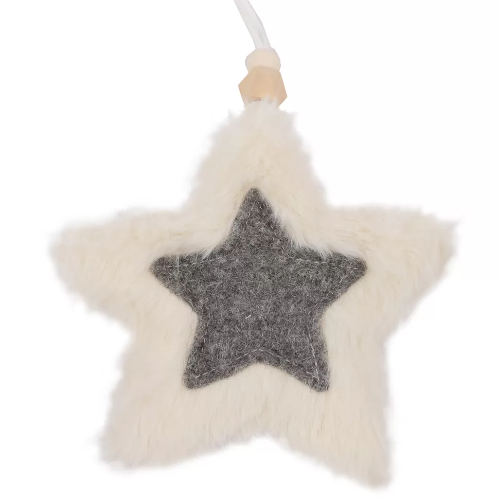 Christmas Forever ORN FABRIC STAR 5″ IVORY FUR W/ GRAY STAR