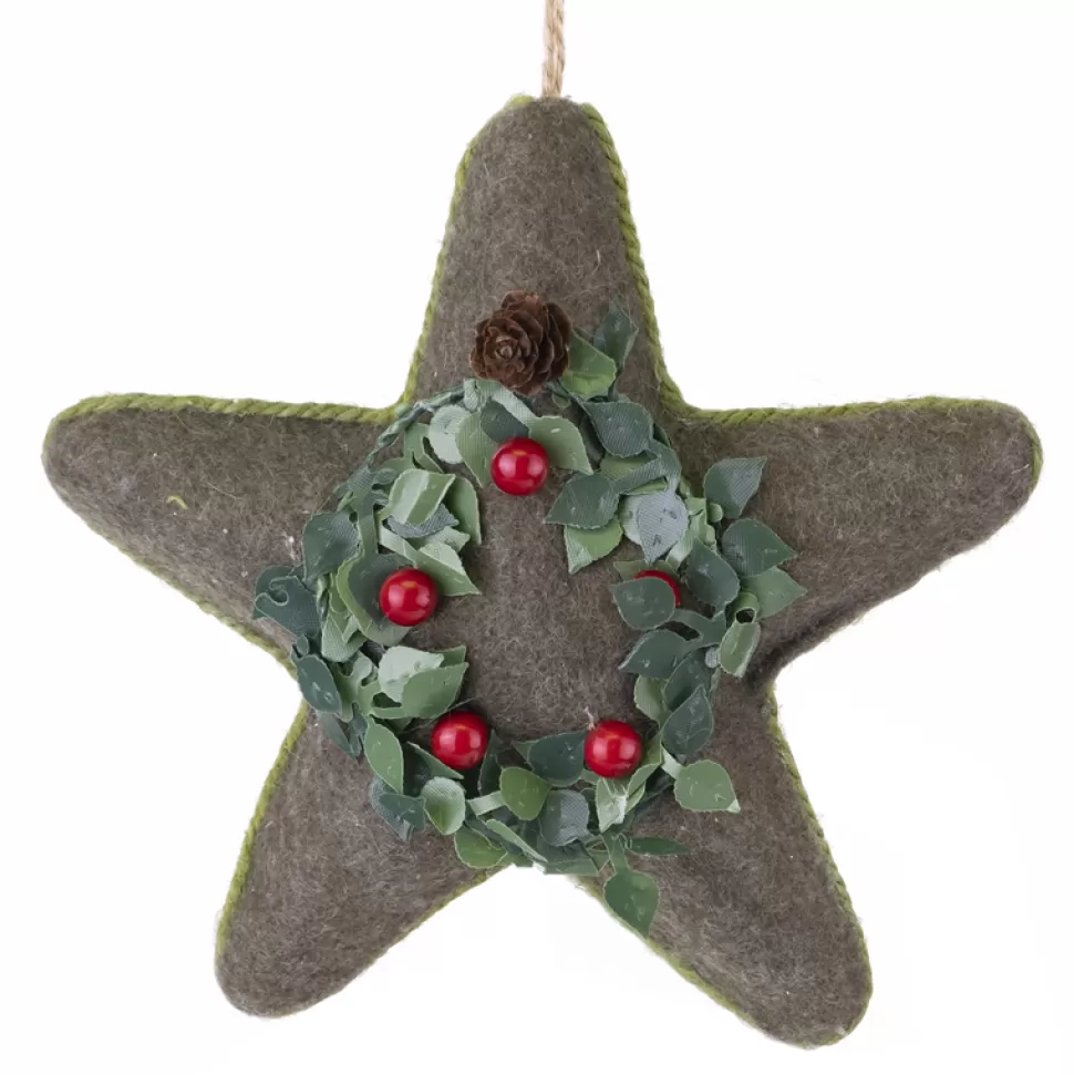 Christmas Forever ORN FABRIC STAR 6.75″ FELT MOSSY GREEN FELT W/ WREATH