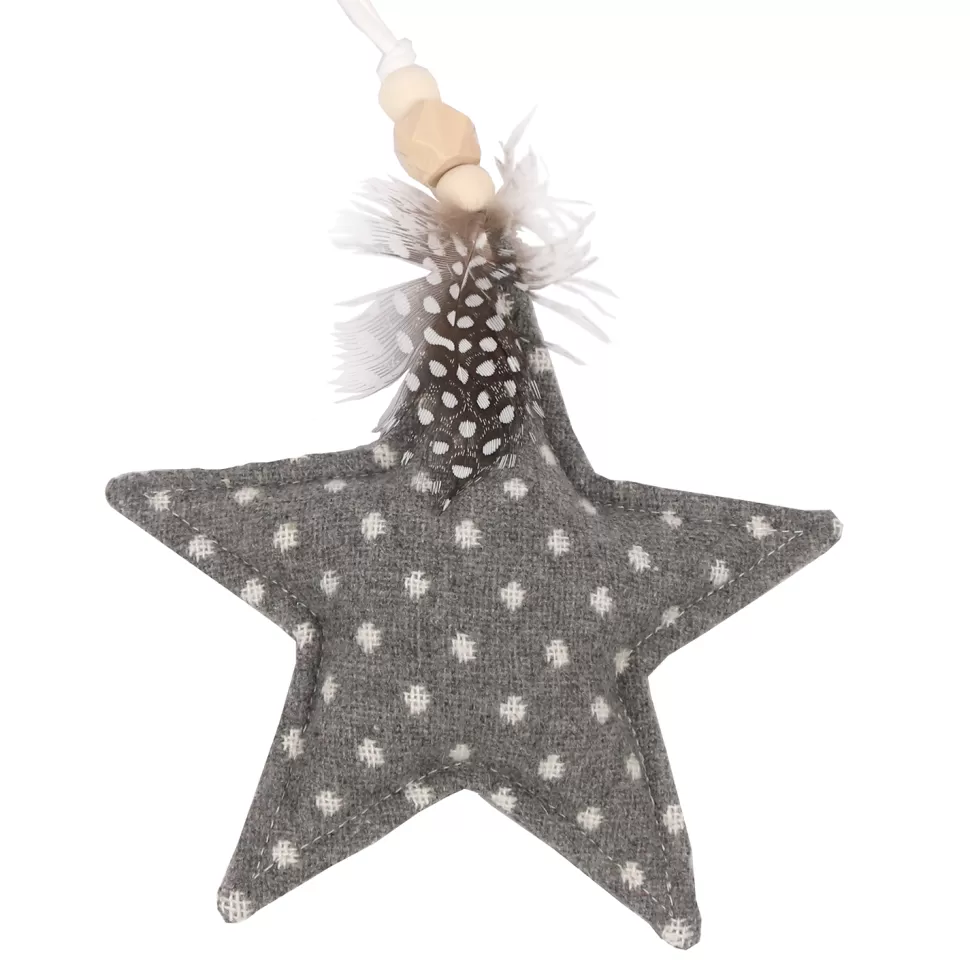 Christmas Forever ORN FABRIC STAR 6″ GRAY POLKA DOT W/ FEATHER