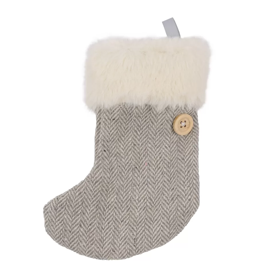 Christmas Forever ORN FABRIC STOCKING 4.5″ GREY W/ FUR TRIM