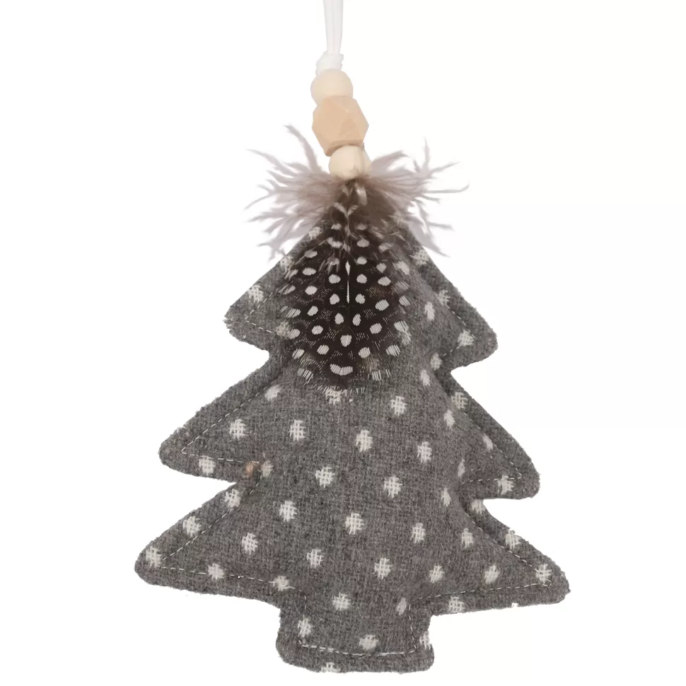 Christmas Forever ORN FABRIC TREE 5″ GRAY POLKA DOT W/ FEATHER