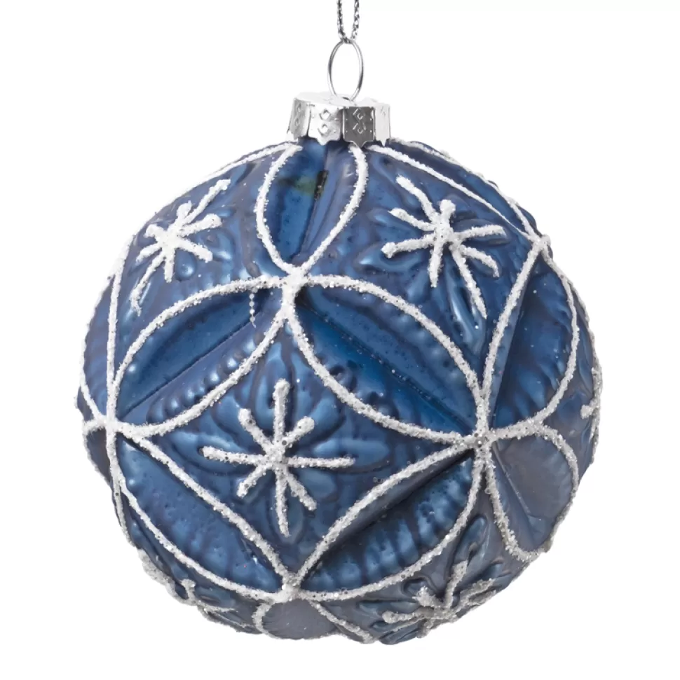Christmas Forever ORN GLASS BALL 3″ BLUE- NAVY EMBOSSED W/ WHT GLTR FLOWER PATTERN