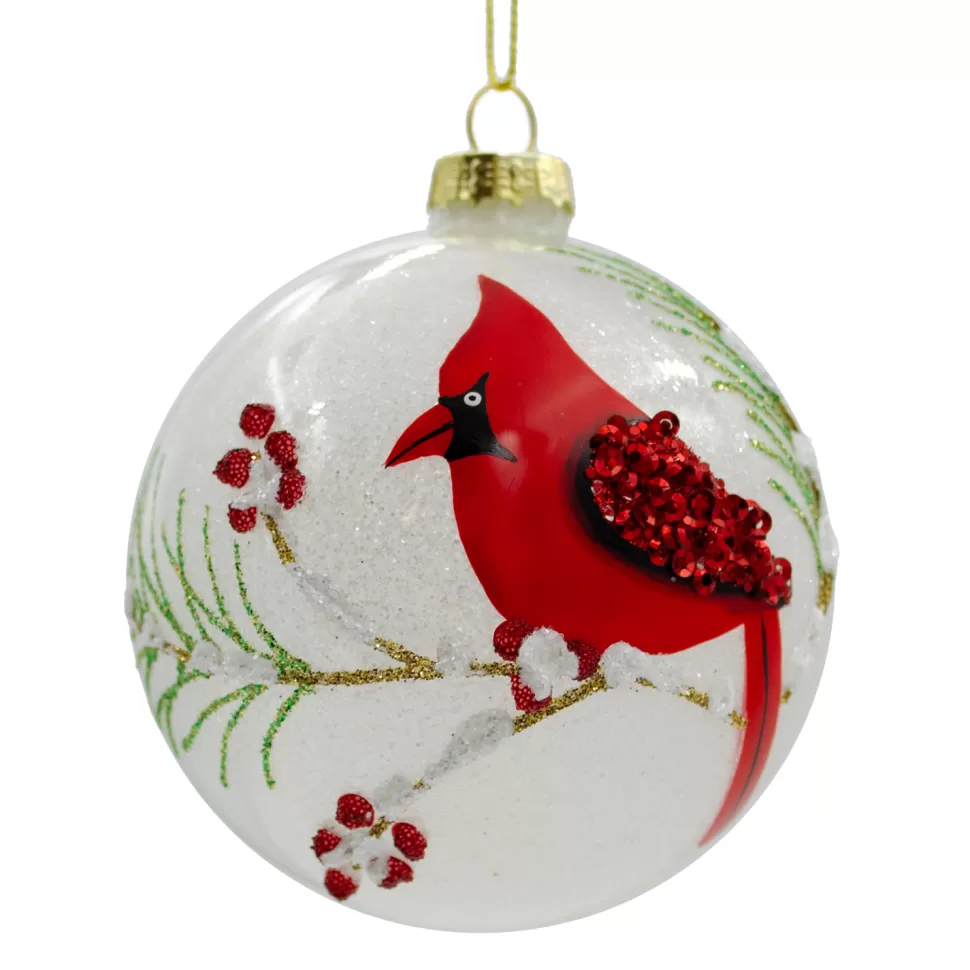 Christmas Forever ORN GLASS BALL 3″ WHITE FROST W/ RED CARDINAL