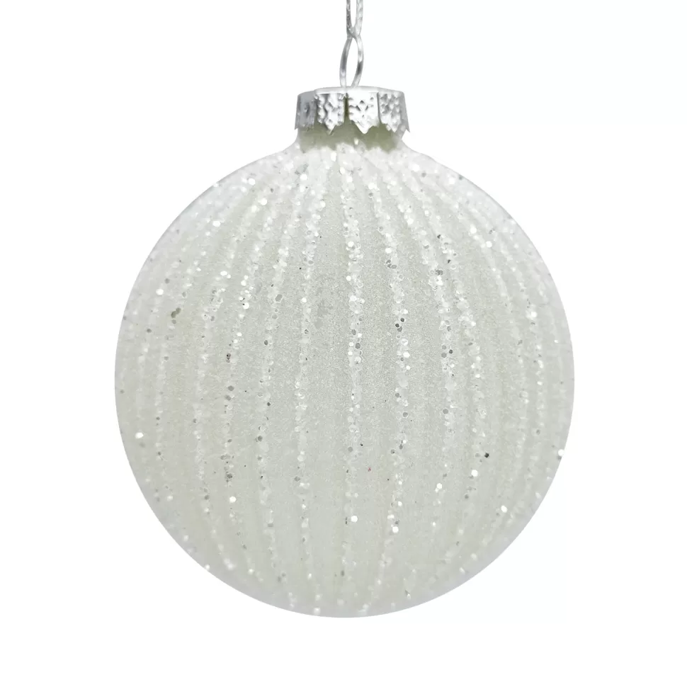 Christmas Forever ORN GLASS BALL 3″ WHITE W/ICE GLITTER STRIPES
