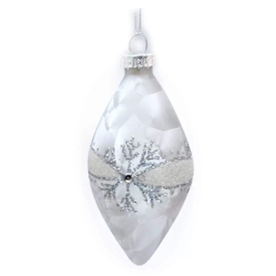 Christmas Forever ORN GLASS FINIAL 2.5″ X 4.5″ OLIVE/WHITE GLITTER SNOWFLAKE