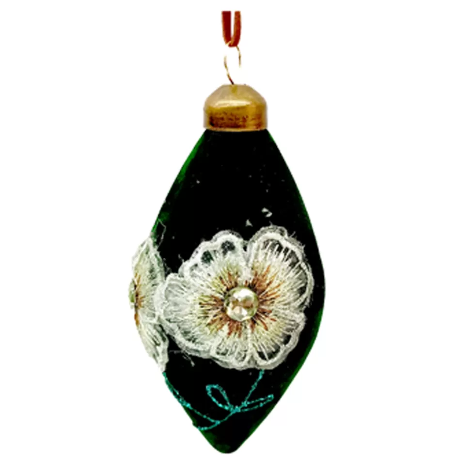 Christmas Forever ORN GLASS FINIAL 2.5″ X 5″ OLIVE/GREEN FLORAL GLITTER | SEQUINS | BEADS