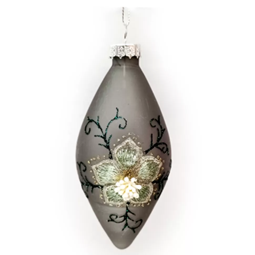 Christmas Forever ORN GLASS FINIAL 2.5″ X 5″ OLIVE/GREY FLORAL EMBROIDERED GLITTER | BEADS