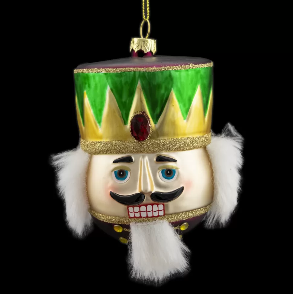 Christmas Forever ORN GLASS NUTCRACKER HEAD 4″ W/WHT HAIR GRN/GLD HAT W/JEWEL