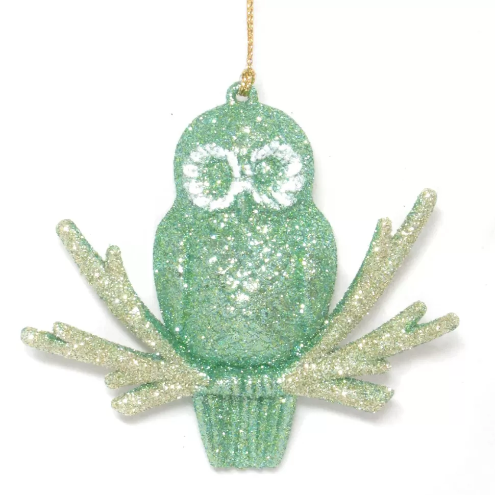 Christmas Forever ORN GREEN MINT GLITTER OWL ON CREAM GOLD GLITTER TWIG 4″ X 3.5″