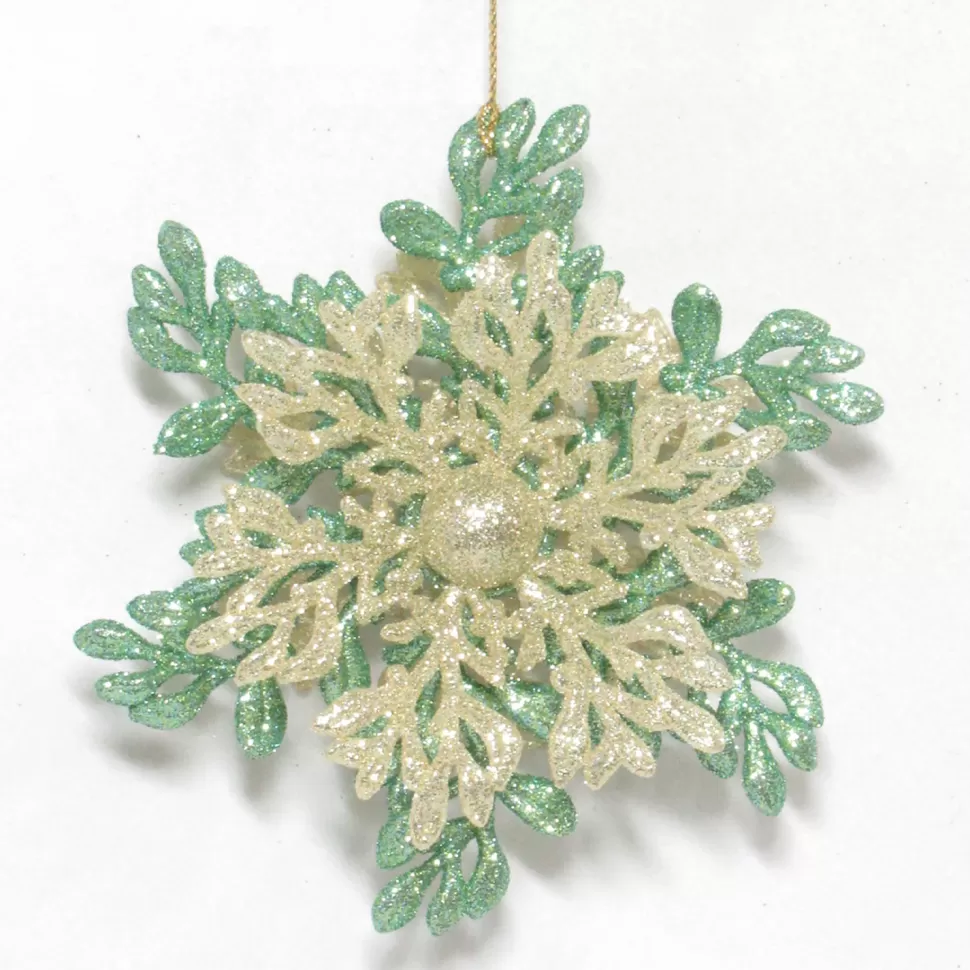 Christmas Forever ORN GREEN MINT SNOWFLAKE 5″ W/ CREAM GOLD GLITTER