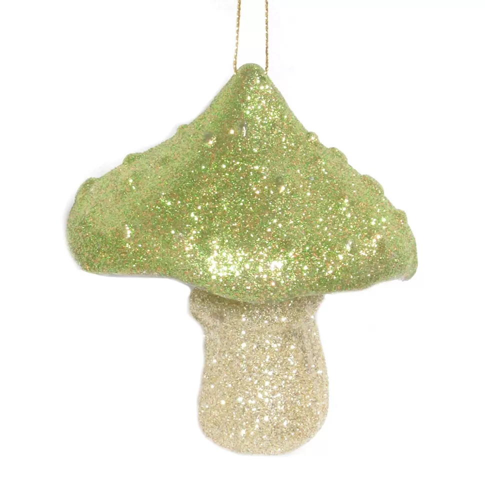 Christmas Forever ORN GREEN/GOLD GLITTER MUSHROOM 3″x3.5″