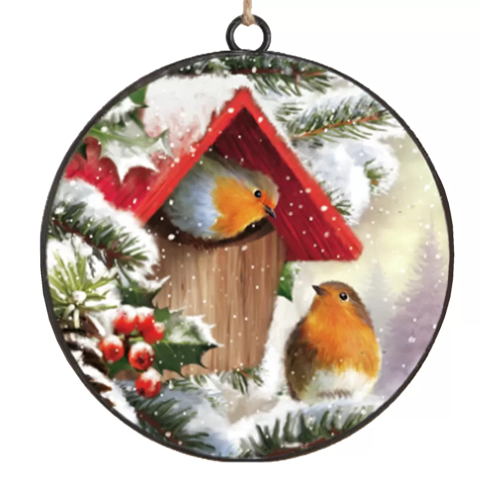 Christmas Forever ORN METAL DISC 4″ BIRH HOUSE W/ ROBIN