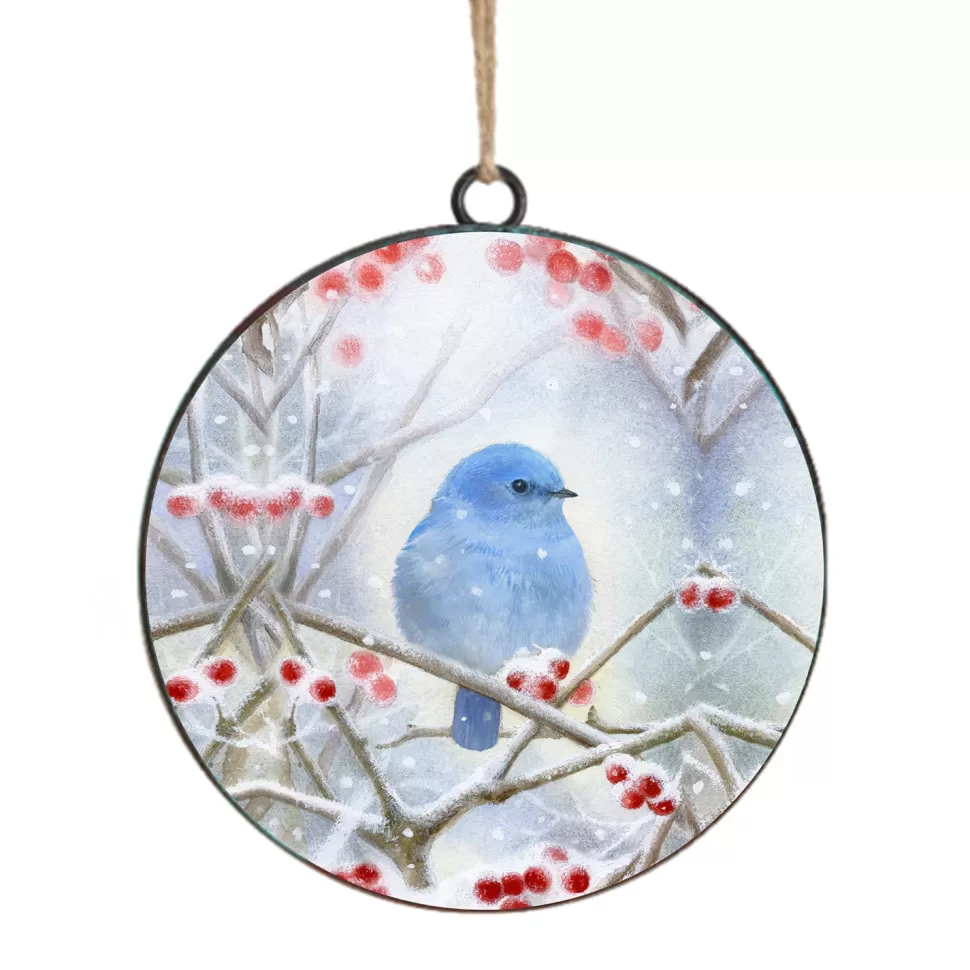 Christmas Forever ORN METAL DISC 4″ BLUE BIRD ON A TREE BRANCH SNOWING