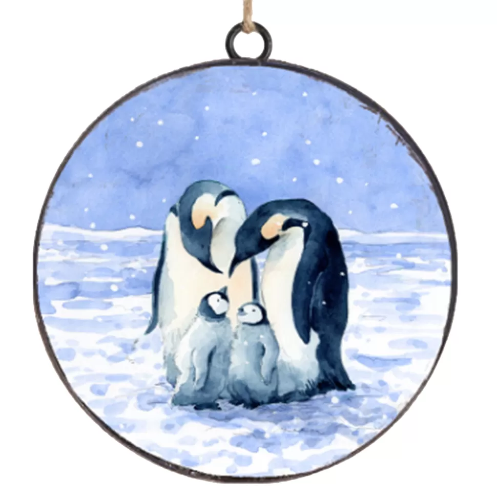 Christmas Forever ORN METAL DISC 4″ BLUE /BLACK PENGUIN FAMILY