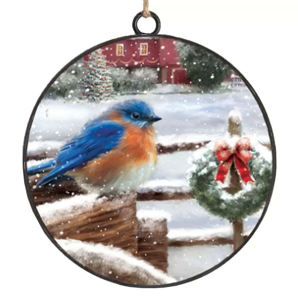 Christmas Forever ORN METAL DISC 4″ BLUE ROBIN ON FENCE W/WREATH