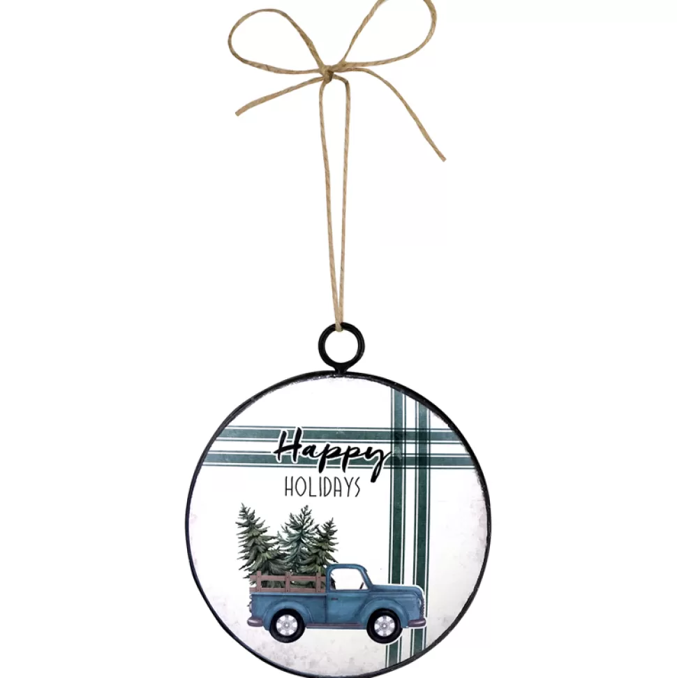 Christmas Forever ORN METAL DISC 4″ BLUE TRUCK W/ TREES AT BACK