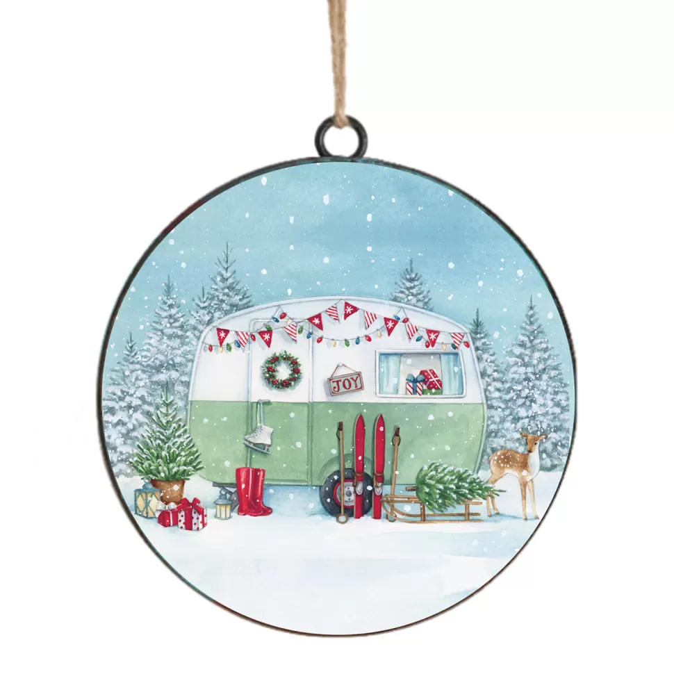 Christmas Forever ORN METAL DISC 4″ CAMPER VAN SNOWING SCENE