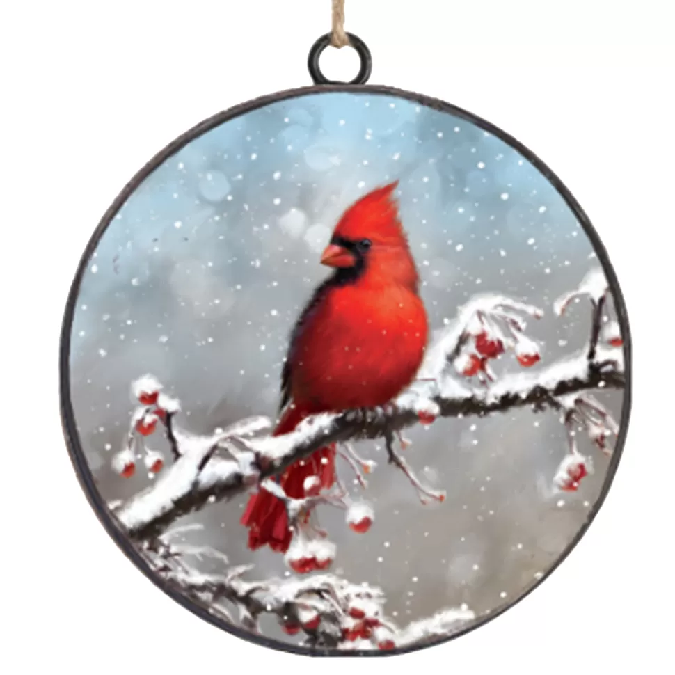 Christmas Forever ORN METAL DISC 4″ CARDINAL ON SNOWY BRANCH W/ BERRIES
