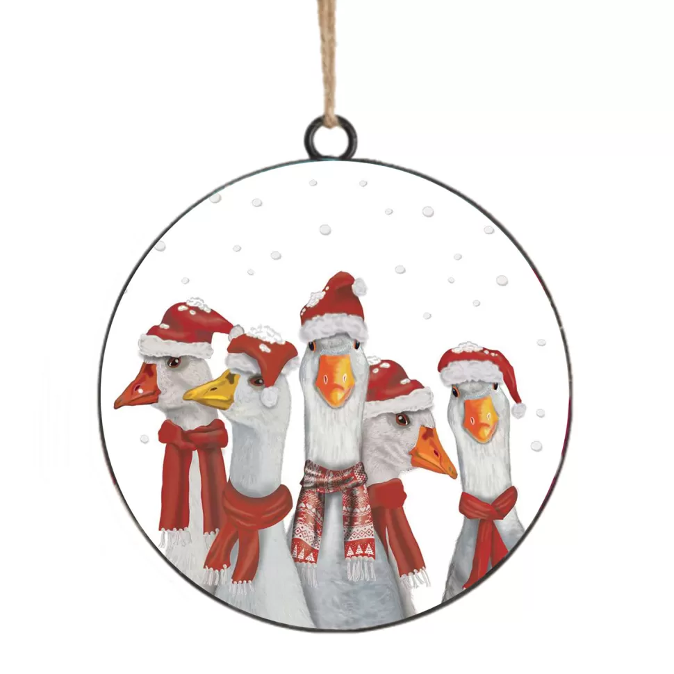 Christmas Forever ORN METAL DISC 4″ GEESE WITH HAT & SCARF