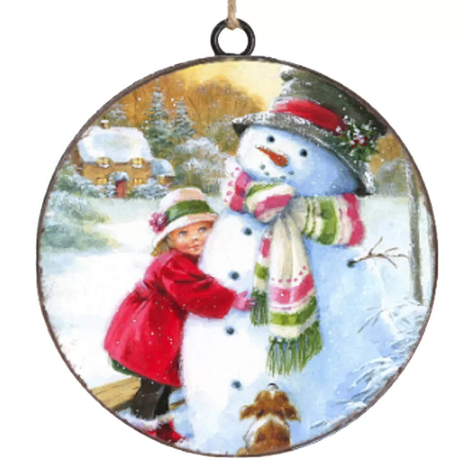 Christmas Forever ORN METAL DISC 4″ GIRL HUGGING SNOWMAN
