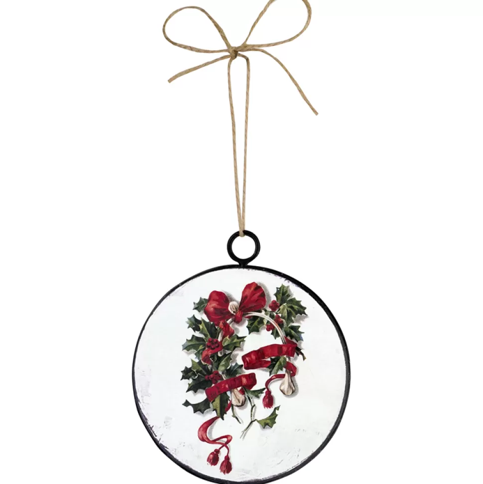 Christmas Forever ORN METAL DISC 4″ HOLLY BERRY W/BOW PRINT