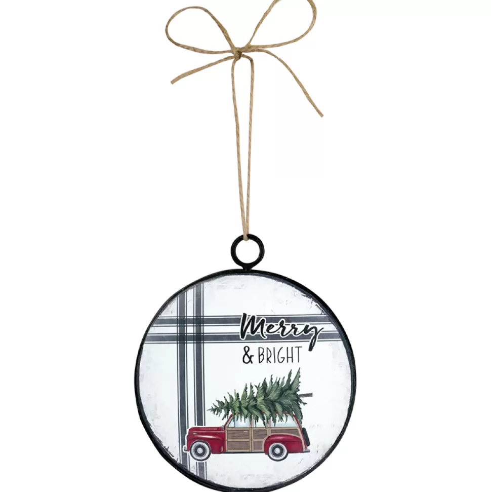 Christmas Forever ORN METAL DISC 4″ RED TRUCK W/ TREE ON TOP