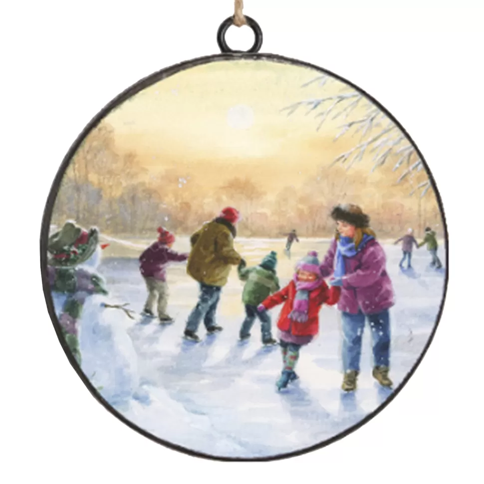 Christmas Forever ORN METAL DISC 4″ SKATING ON LAKE SCENE