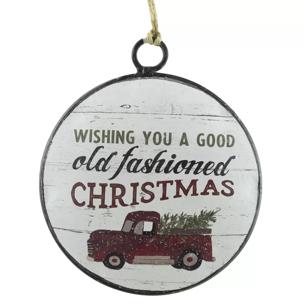 Christmas Forever ORN METAL DISC 4″ W/RED CAR PIC