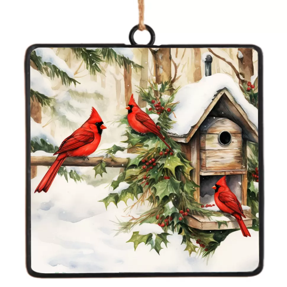 Christmas Forever ORN METAL SQUARE DISC 4″ CARDINAL & BIRDHOUSE