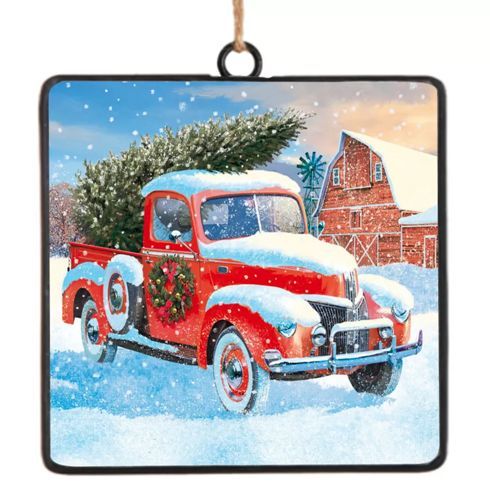 Christmas Forever ORN METAL SQUARE DISC 4″ RED TRUCK
