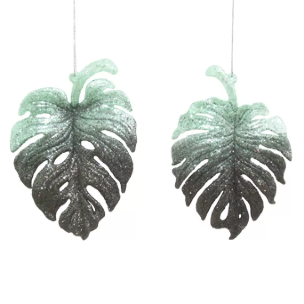 Christmas Forever ORN MINT GREEN/DK FOREST GRN 5″ TARO LEAF W/ GLTR. 2/S