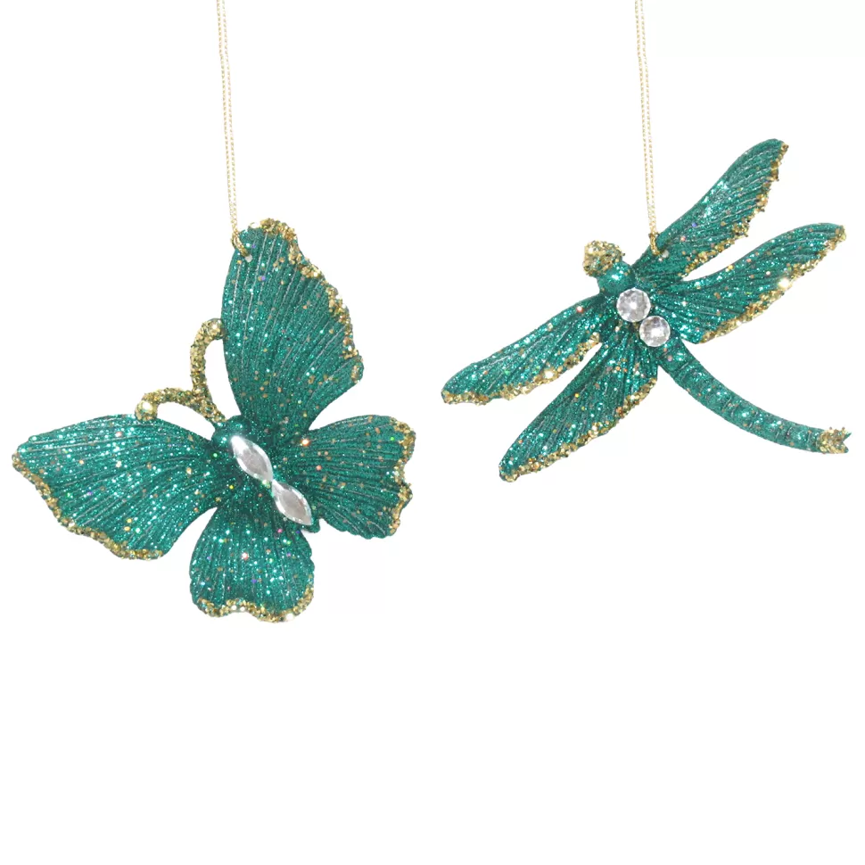 Christmas Forever ORN PEACOCK BUTTERFLY & DRAGONFLY 4″ W/ JEWEL & GOLD GLTR. 2/S