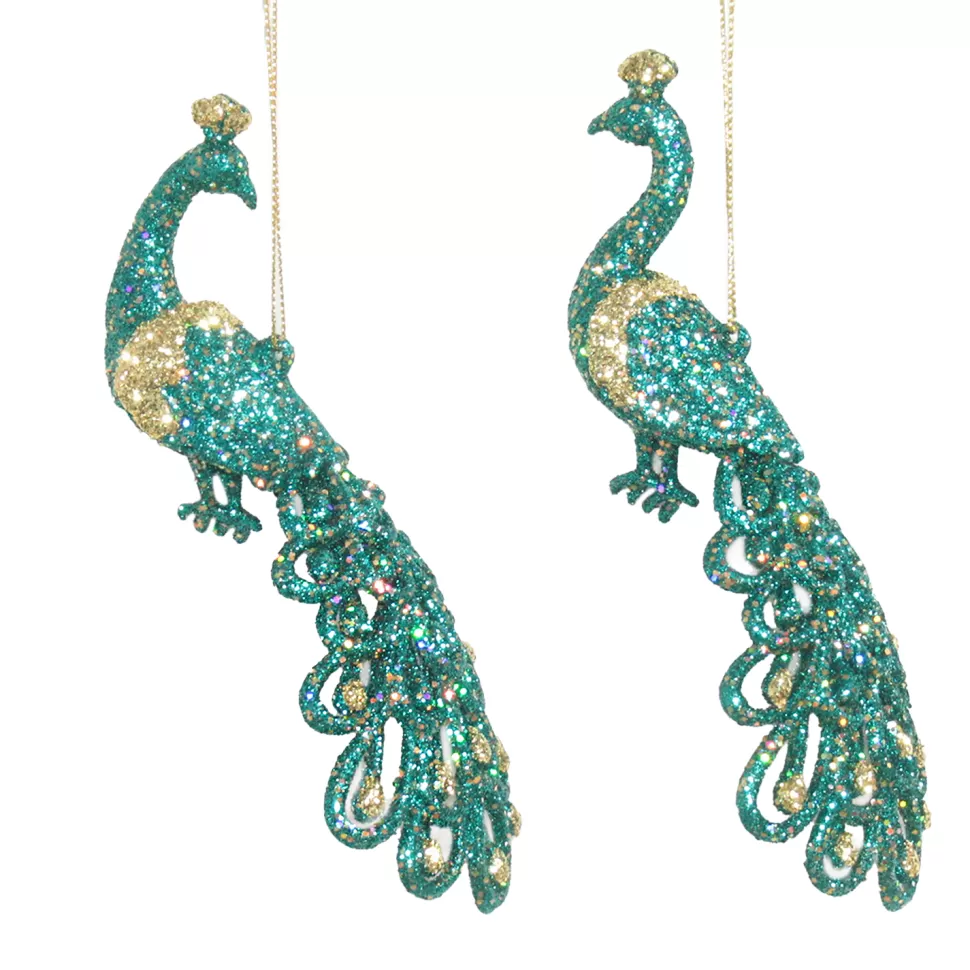 Christmas Forever ORN PEACOCK CLR PEACOCK 6″ & 6.5″ W/ GOLG GLTR. 2/S