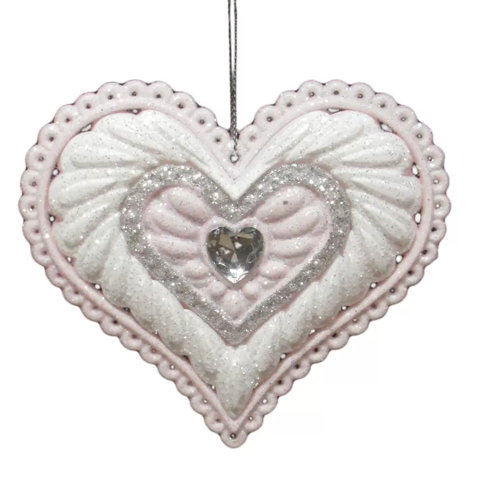 Christmas Forever ORN PINK/ WHITE ICE HEART 4″ W/ JEWEL & GLITTER