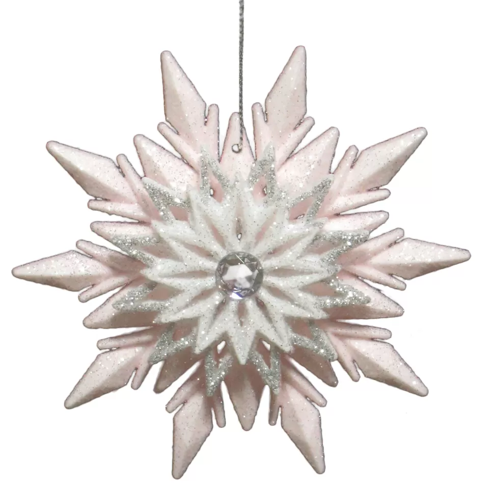 Christmas Forever ORN PINK/WHITE ICE SNOWFLAKE 4.5″ W/ JEWEL & GLITTER