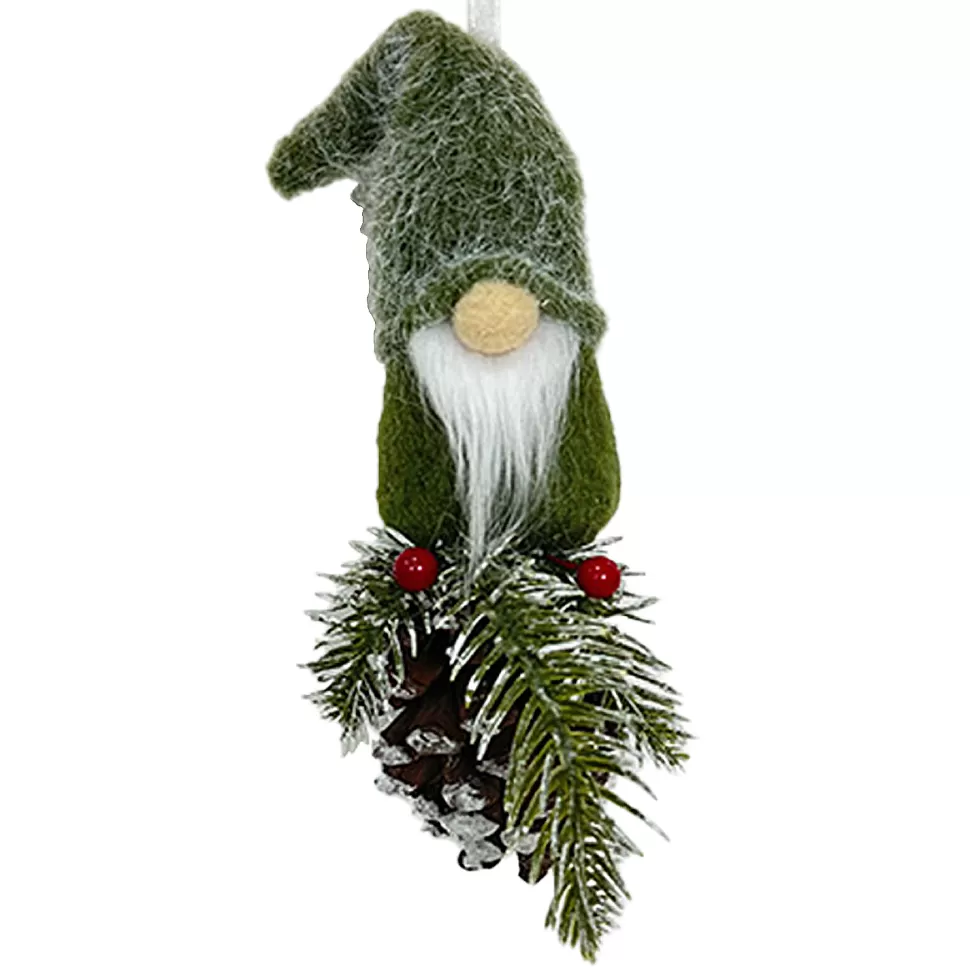 Christmas Forever ORN PLUSH GNOME FAUX FUR GREEN 9.5″ W/ PINE, CONE & BERRIES