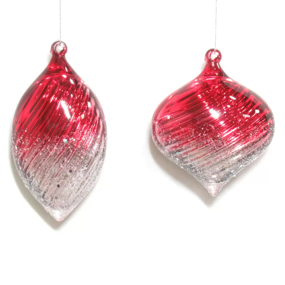 Christmas Forever ORN RED / SILVER CLEAR FINIAL & ONION W/ INSIDE SILVER GLITTER 2/S ASSTD. 5″ & 4″