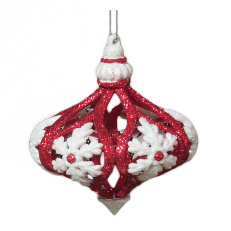 Christmas Forever ORN RED / WHITE ONION BALL W/SNOWFLAKE 4″ W/ GLITTER