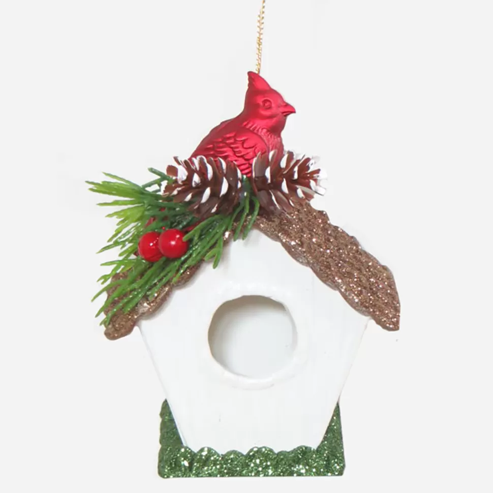 Christmas Forever ORN RED CARDINAL ON WHITE BIRD HOUSE 4″ W/ GLITTER