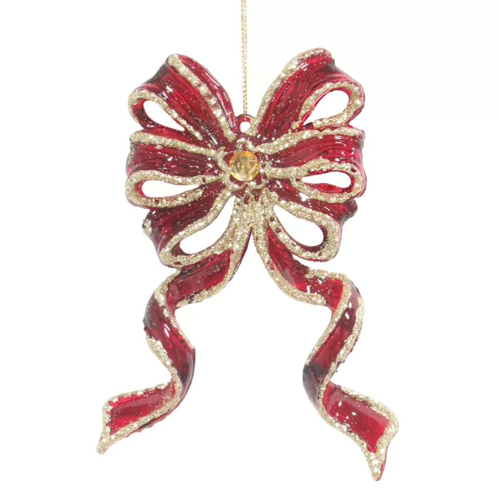 Christmas Forever ORN RED /GOLD BOW LONG TAIL 5.5″ CLEAR W. GOLD GLTR.